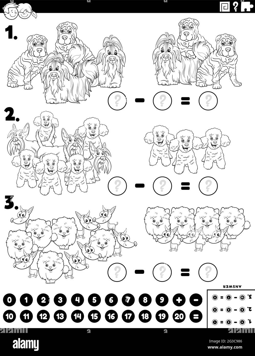 Dessin animé noir et blanc illustration de la tâche pédagogique de puzzle de soustraction mathématique pour les enfants avec des chiens de race animaux caractères coloriant b Illustration de Vecteur