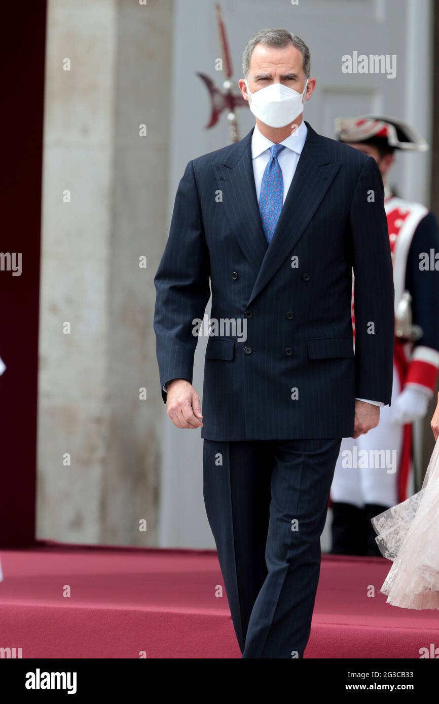 Madrid, Espagne; 15.06.2021.- le roi Felipe VI et la reine Letizia à la réception officielle du président coréen Moon Jae-in et de son épouse Kim Jung-Sook pour leur visite d'État au Royaume d'Espagne. Examen des troupes et parade de bienvenue. Photo: Juan Carlos Rojas/Picture Alliance Banque D'Images
