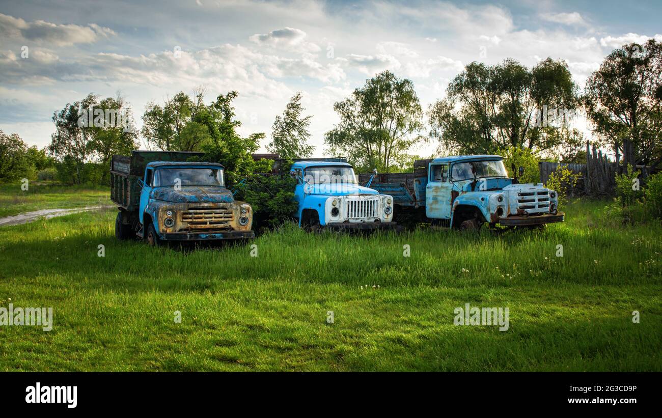 vieux camions brisés abandonnés sur l'herbe verte Banque D'Images