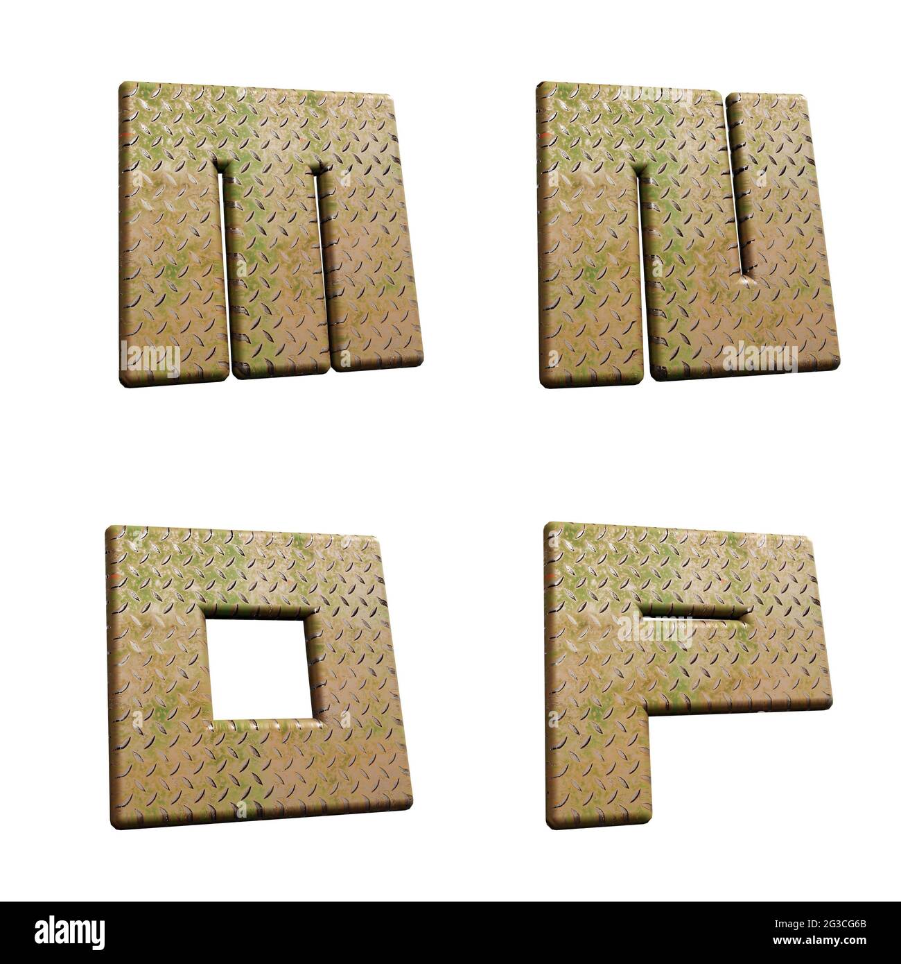 Rendu 3D de l'alphabet plaque de métal diamant - lettres M-P. Banque D'Images