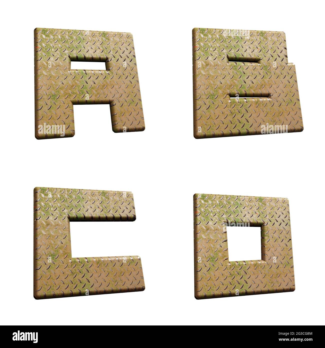 Rendu 3D de l'alphabet de plaque de diamant en métal - lettres A-D. Banque D'Images