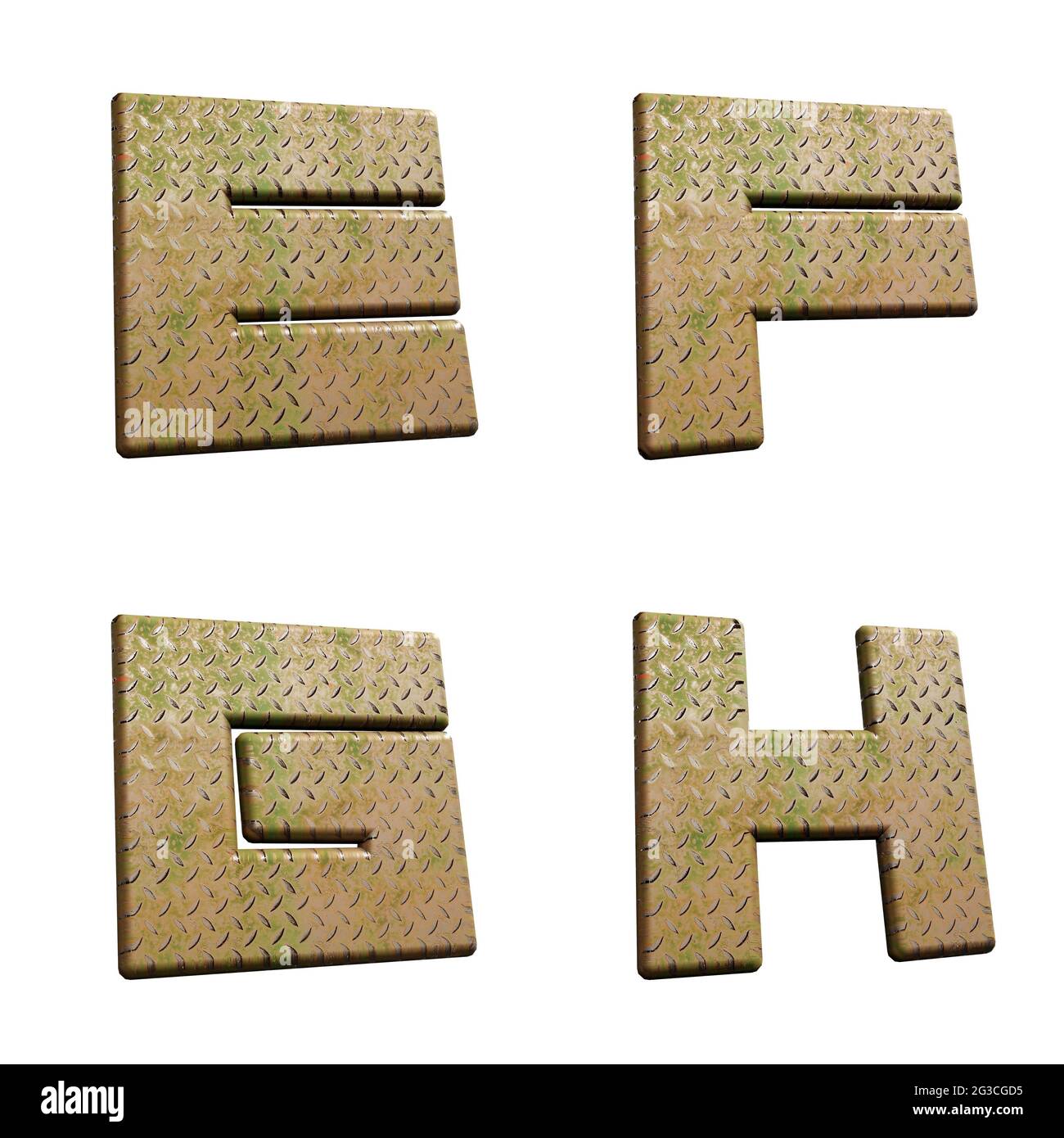Rendu 3D de l'alphabet plaque de métal diamant - lettres E-H. Banque D'Images