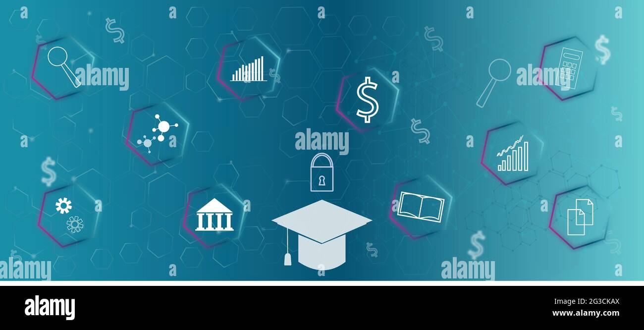 Bannière éducation financière. Interface futuriste avec chapeau de remise des diplômes et icône prêt étudiant. Illustration de Vecteur