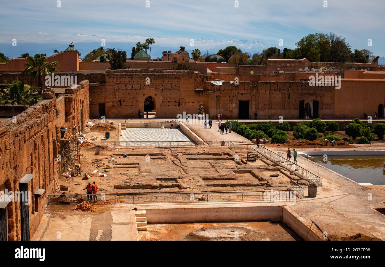 Travaux de construction ou de restauration au Palais El Badi, un palais en ruines de Marrakech, au Maroc. 15 avril 2016 Banque D'Images