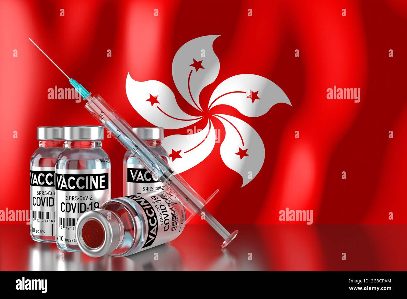 Covid-19, SRAS-COV-2, programme de vaccination contre le coronavirus à Hong Kong, quatre flacons et une seringue - illustration 3D Banque D'Images