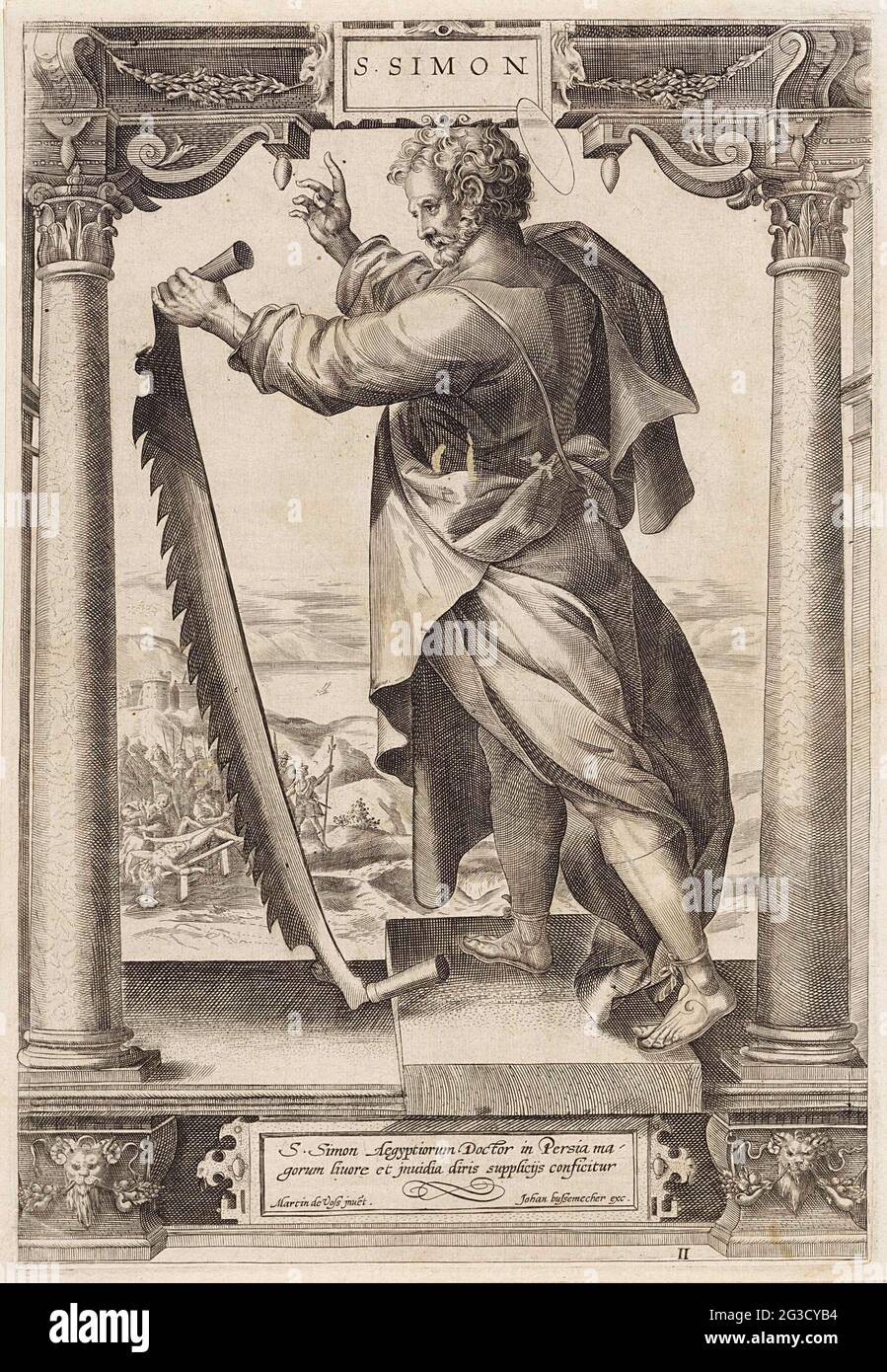 H. Simon Zelotes; S. Simon; Christ et les douze apôtres, et H. Paulus. Le Saint Simon Zelotes est vu à l'arrière, entre deux colonnes dans un cadre architectural. Dans sa main il tient une scie. En arrière-plan, vous pouvez voir comment il est scié dans la moitié. Dans la case située au bas d'une légende à deux pattes en latin. Banque D'Images