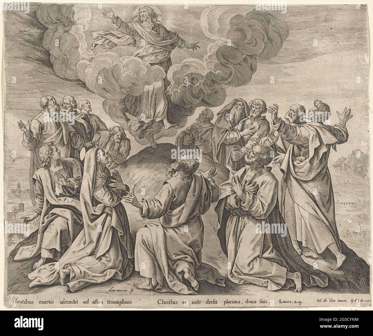 Ascension du Christ; Thésaurus Sacrarum historiarum Veteris Témenti (...). Le Christ, avec les mains levées, est inclus dans le ciel. Ses étudiants et Marie sont pleins d'émerveillement. Sous la montre une référence en latin au texte de la Bible dans Luc. 24. Banque D'Images