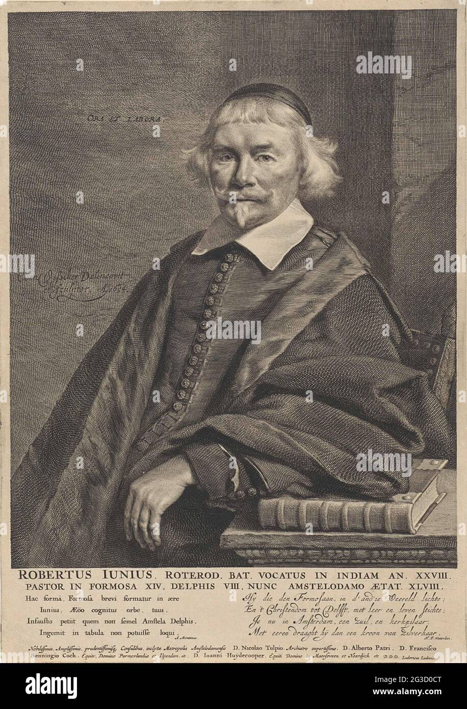 Portrait de Robert Junius. Robert Junius, pasteur en Inde, Formosa, Delft  et Amsterdam, à l'âge de 48 ans. Dans la marge un verset en latin et en  néerlandais Photo Stock - Alamy