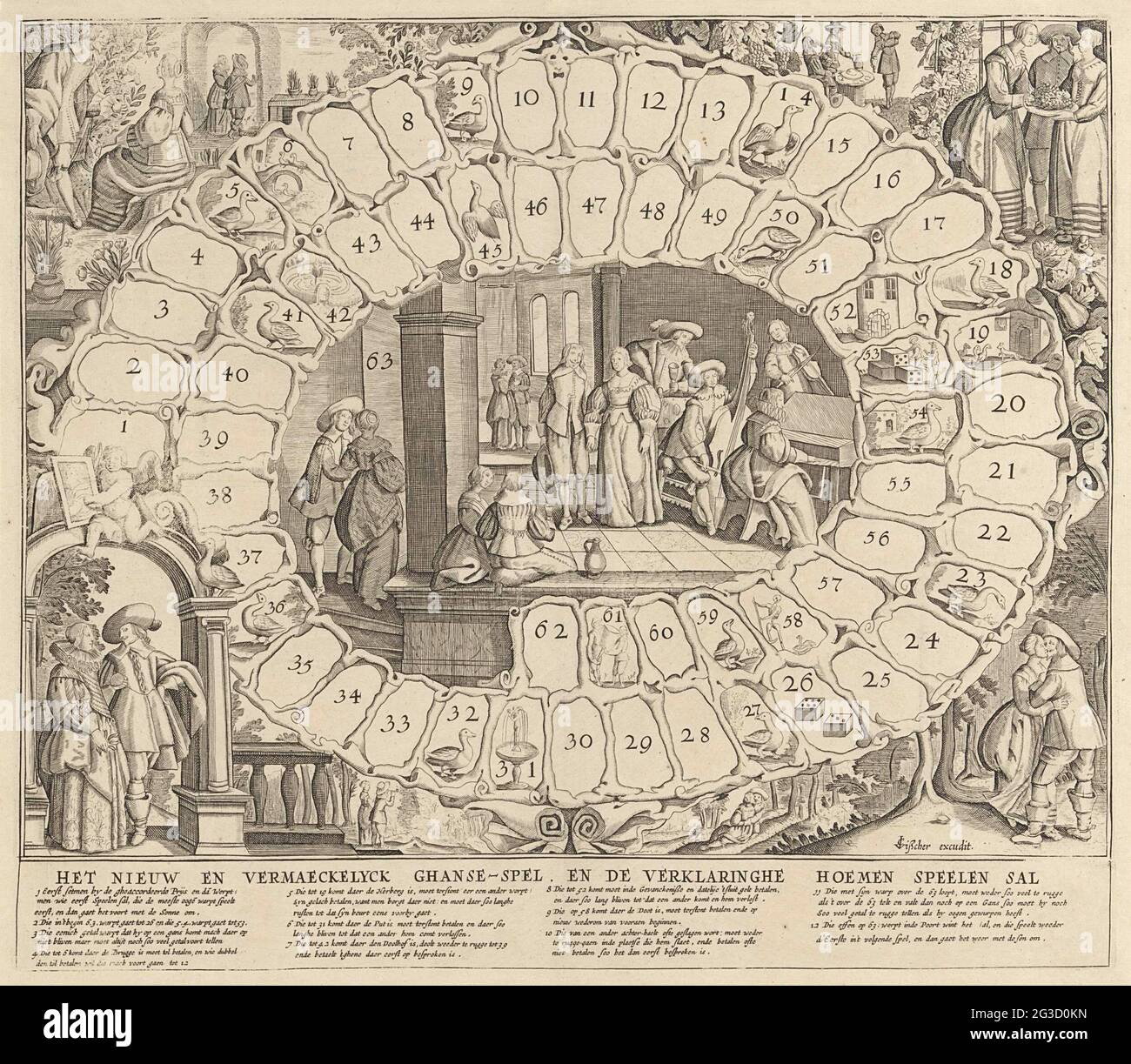 Goose board avec des règles; le nouveau et Vermaeckellyck Ghanse jeu. Goose Board avec les règles dans la marge. Au milieu d'un ovale dans lequel une compagnie de musique d'hommes et de femmes. Les 63 aires de jeu sont partiellement équipées d'images, y compris des oies, des dés, un labyrinthe, une fontaine, un puits et une personnification de la mort. Les couples de Minning sont indiqués dans les coins. Banque D'Images