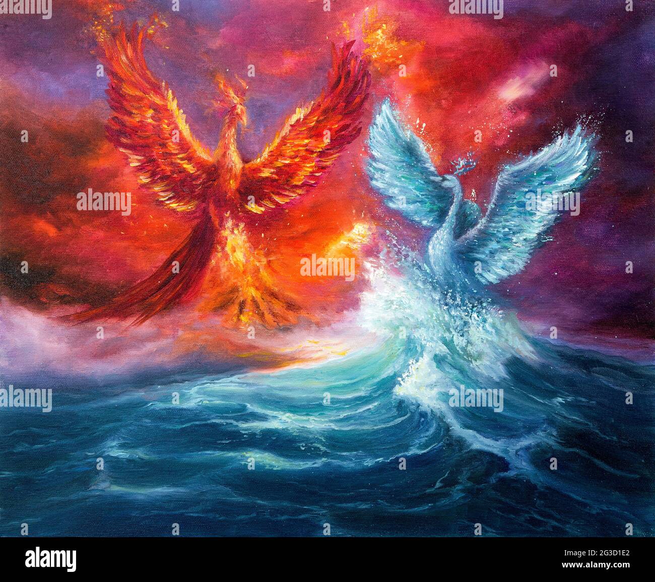 Peinture à l'huile abstraite originale montrant la mythologie phoenix et le cygne spirituel des vagues dans l'océan ou la mer sur toile.Golden coucher de soleil. Impressionnisme moderne, Banque D'Images