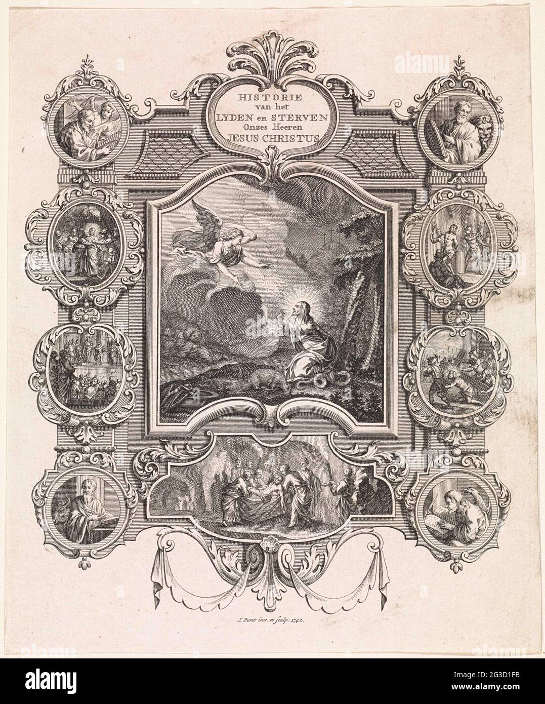 Christ en Getemane; Histoire de Leyden et mourir notre Heeren Jésus Christ. Le Christ prie dans la cour de Getemane. Un ange apparaît du ciel. Sur la gauche, dormir Peter, Johannes et Jacobus. Golgota droit avec les trois croix. Le spectacle a été pris dans un cadre ornemental avec des médaillons. Dans les coins, les quatre évangélistes et dans les autres scènes de médaillons de la passion du Christ. Banque D'Images