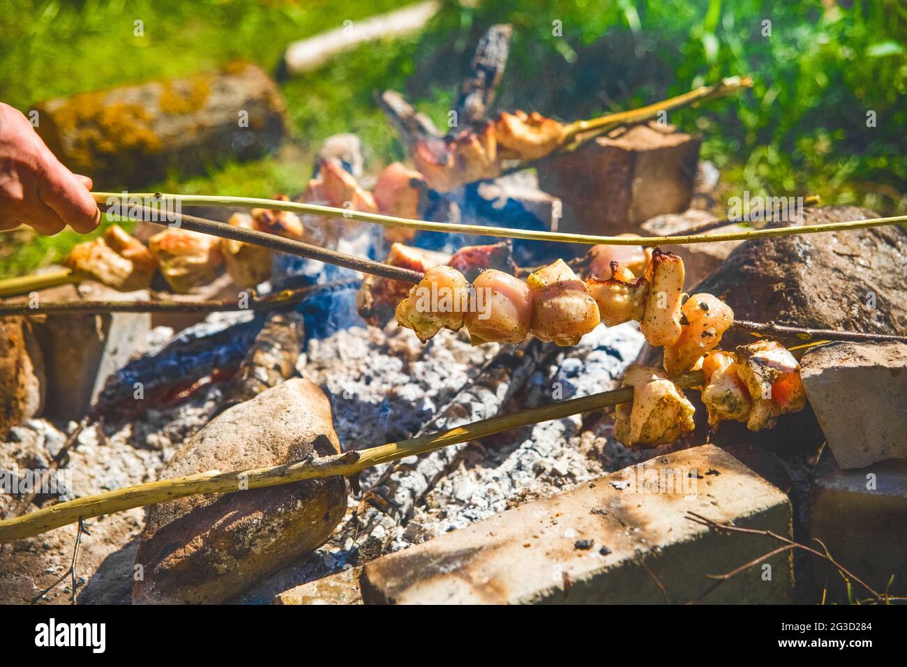 Cuisiner de la viande crue de la nourriture barbecue sur un bâton sur un feu, camper avec des amis, repos extérieur. Banque D'Images