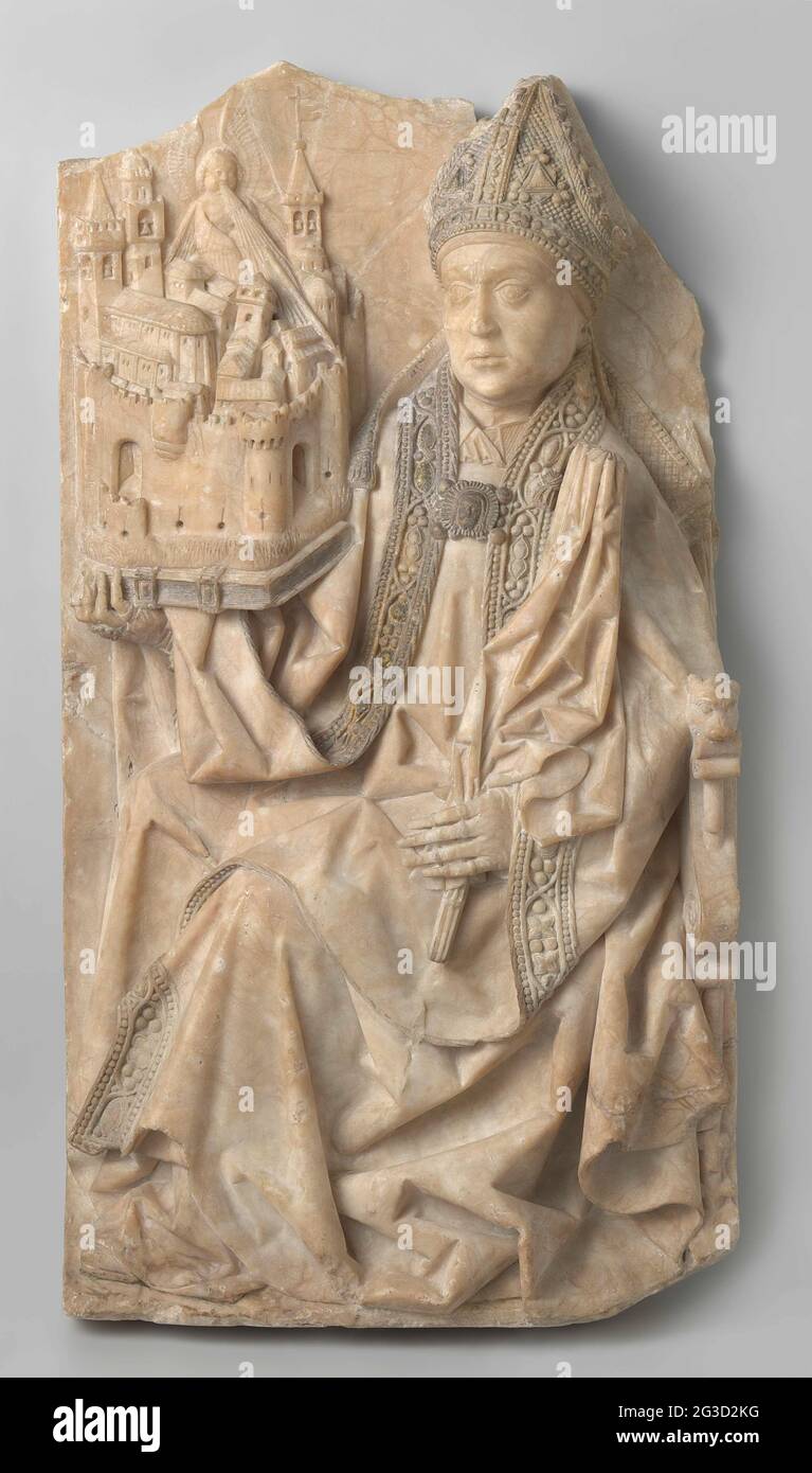 Saint Augustine. Augustin, le Père de l'Église du 4ème siècle, est présenté ici comme évêque de la ville romaine d'Hippo Regius (aujourd'hui Annaba, Algérie). Il tient la ville fortifiée symboliquement dans sa main droite. Des rayons de lumière et une flèche émanent d'un ange, une allusion aux récompenses accordées à la ville comme centre de la chrétienté précoce sous l'évêque. Banque D'Images