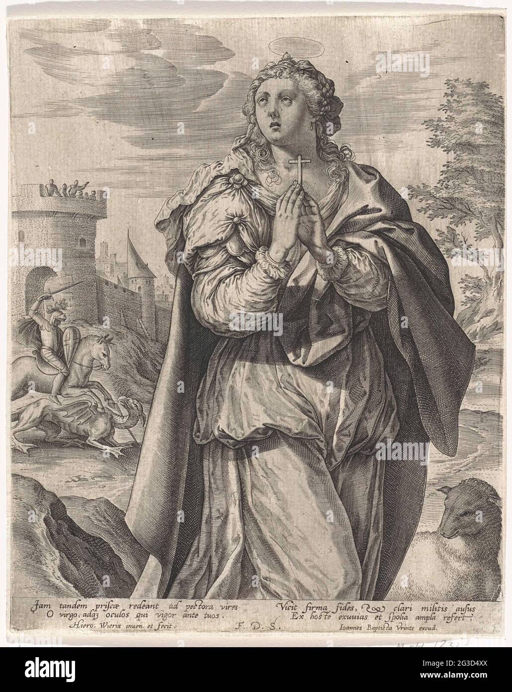 H. Margaretha van Antiochia. Paysage avec la sainte Margaret d'Antioche, la croix signe dans ses mains. Un agneau à ses pieds. Laissé en arrière-plan est le Saint Joris en bataille avec le dragon pour un château. Dans la marge, une légende de quatre lignes, en deux colonnes, en latin. Banque D'Images