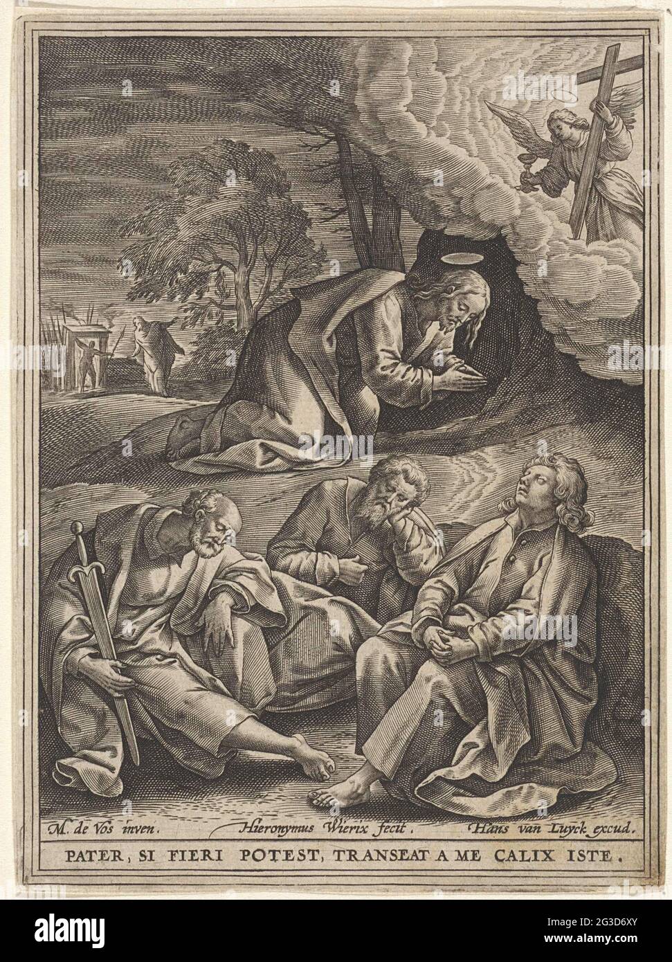 Christ dans Hof van Getsemane; passion du Christ. Le Christ prie dans la cour de Getemane. Un ange apparaît du ciel avec un calice. Petrus, Johannes et Jacobus dorment au premier plan. En arrière-plan, les soldats de Judas passent par la porte. Dans la marge une légende en latin qui fait référence à l'émission. Banque D'Images