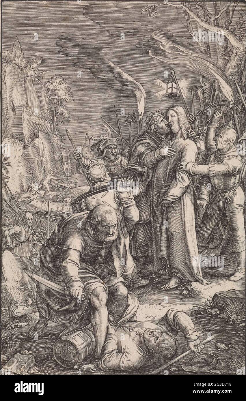 L'emprisonnement du Christ; la passion. Le Christ est pris par les soldats dans la cour de Getemane. Judas l'embrasse sur la joue. Petrus Malchus hache une oreille au premier plan. Banque D'Images