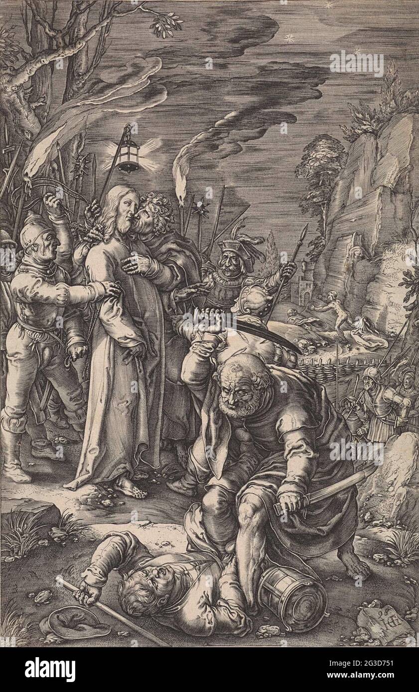 L'emprisonnement du Christ; la passion. Le Christ est pris par les soldats dans la cour de Getemane. Judas l'embrasse sur la joue. Petrus Malchus hache une oreille au premier plan. Banque D'Images