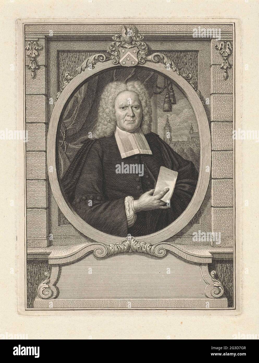 Portrait du muilman wigbold. Portrait de wigbold muilman, prédicateur de la Haye, dans une table ornementale. Au milieu de son blason. Banque D'Images