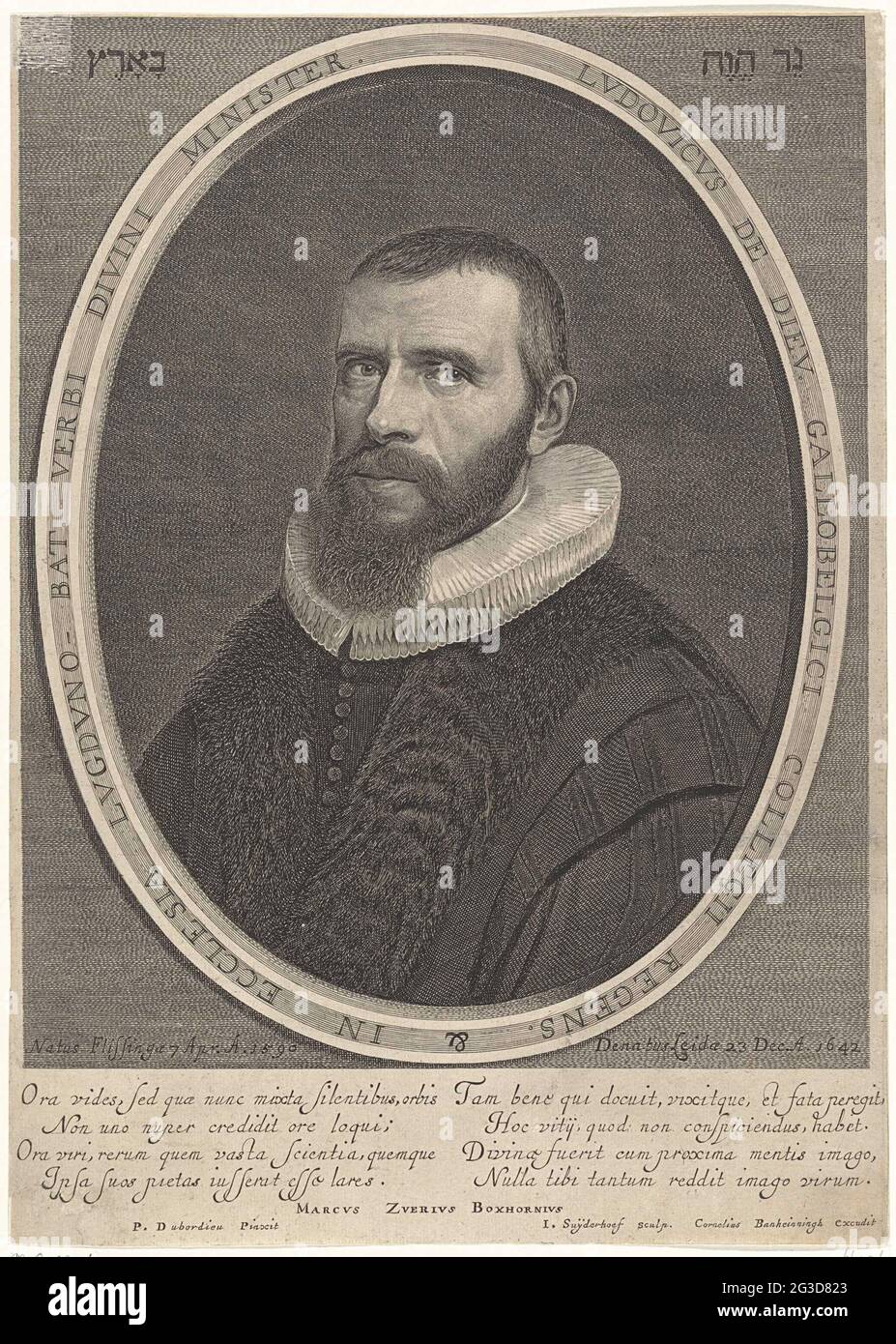 Portrait de Louis de Dieu. Portrait de Louis de Dieu, Pasteur wallon. En bas de la marge, deux versets à quatre lignes en latin. Banque D'Images