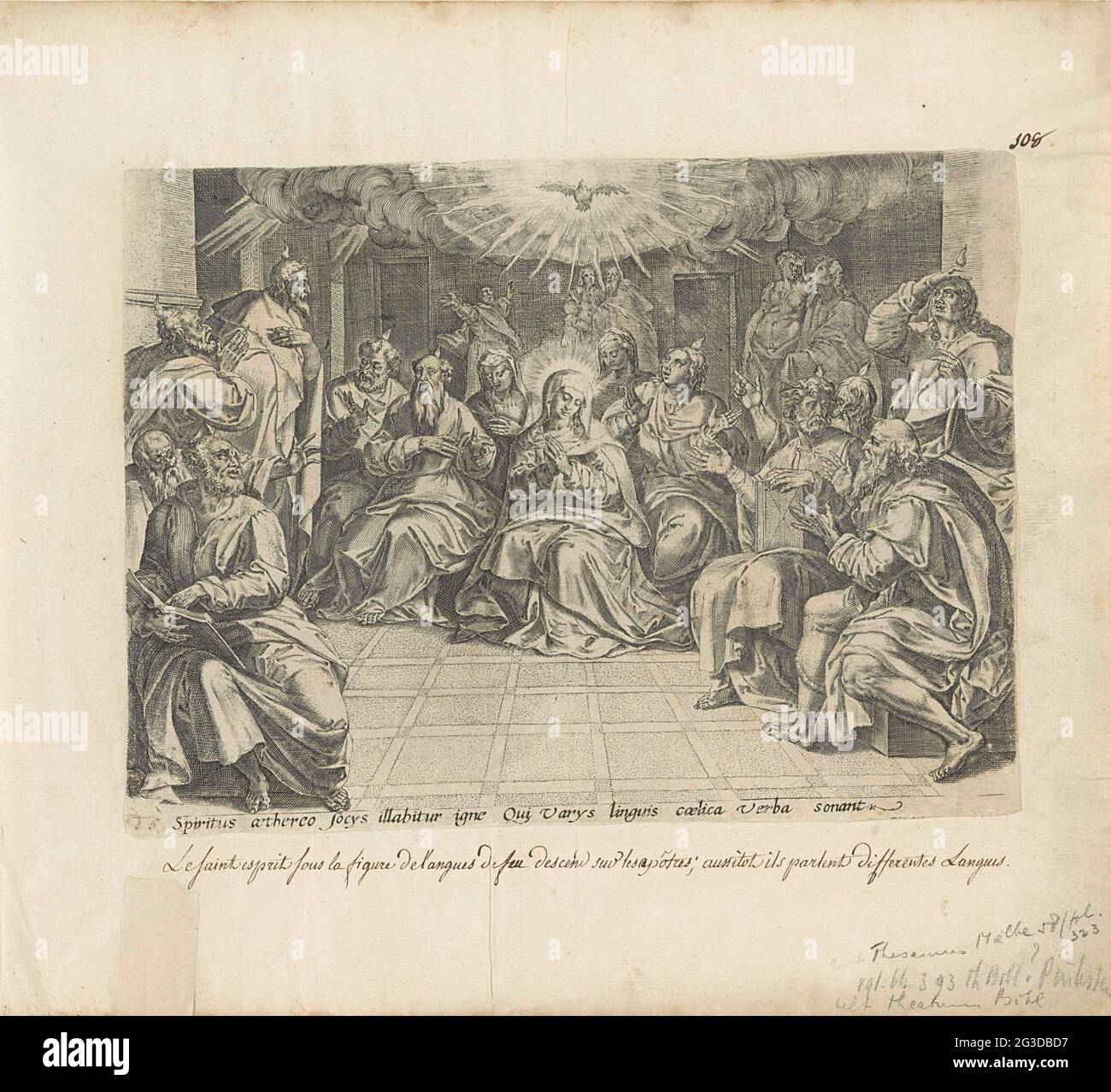 Débordement de l'Esprit Saint; Apparences du Christ ressuscité; Thésaurus Sacrarum historiarum Veteris Testamenti (...). L'Esprit Saint apparaît sous la forme d'un pigeon et est versé sur Maria et les apôtres. Des langues de feu apparaissent sur leur tête. Sous la montre une référence en latin au texte de la Bible. Banque D'Images