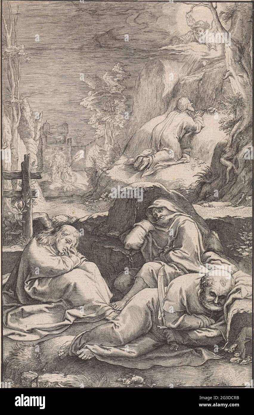 Christ dans la cour de Getemane; la passion. Le Christ prie dans la cour de Getemane. Un ange lui apparaît et lui montre un calice. Au premier plan trois disciples endormis. Le groupe de soldats arrive à droite à la porte de la ville. Banque D'Images