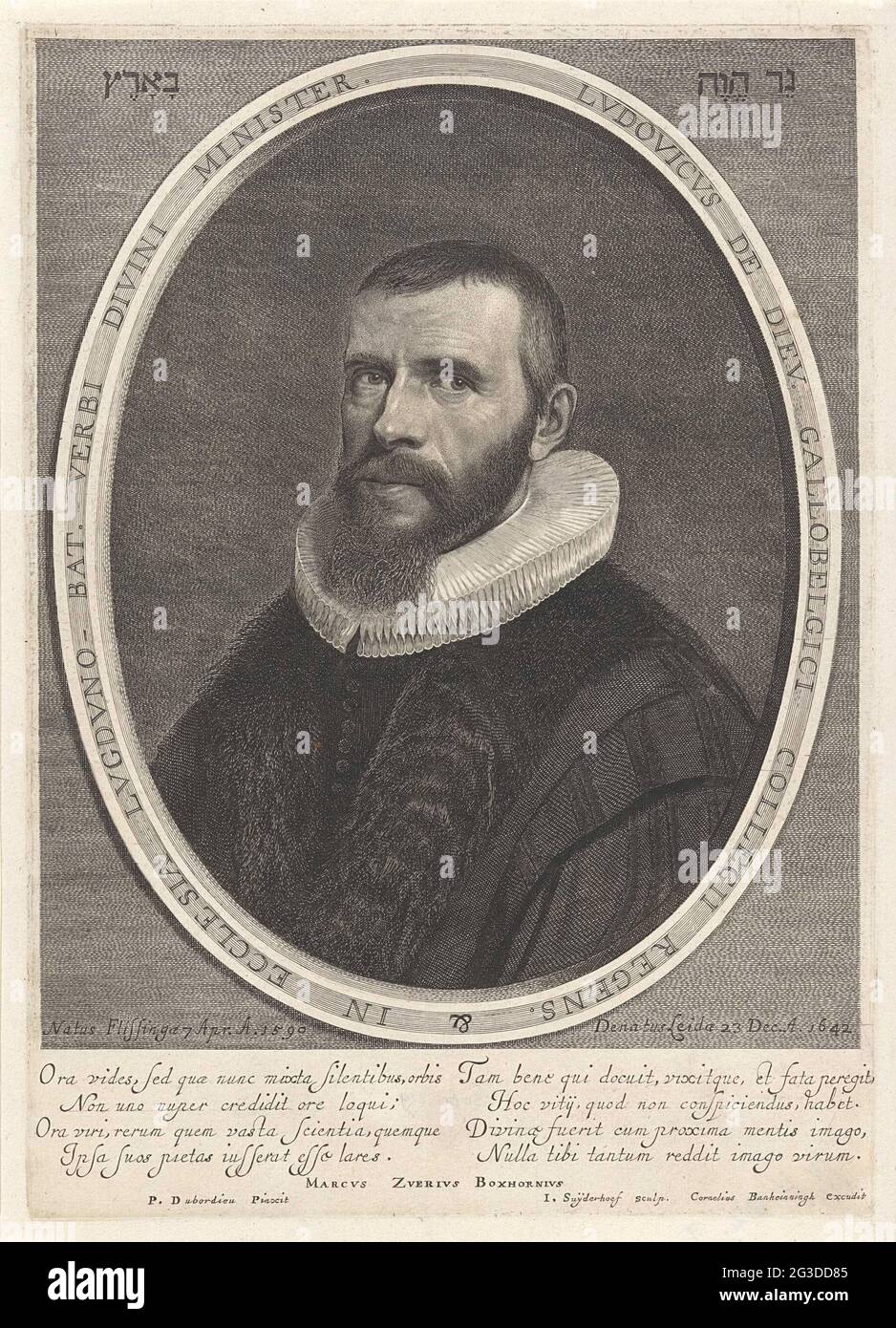 Portrait de Louis de Dieu. Portrait de Louis de Dieu, Pasteur wallon. En bas de la marge, deux versets à quatre lignes en latin. Banque D'Images