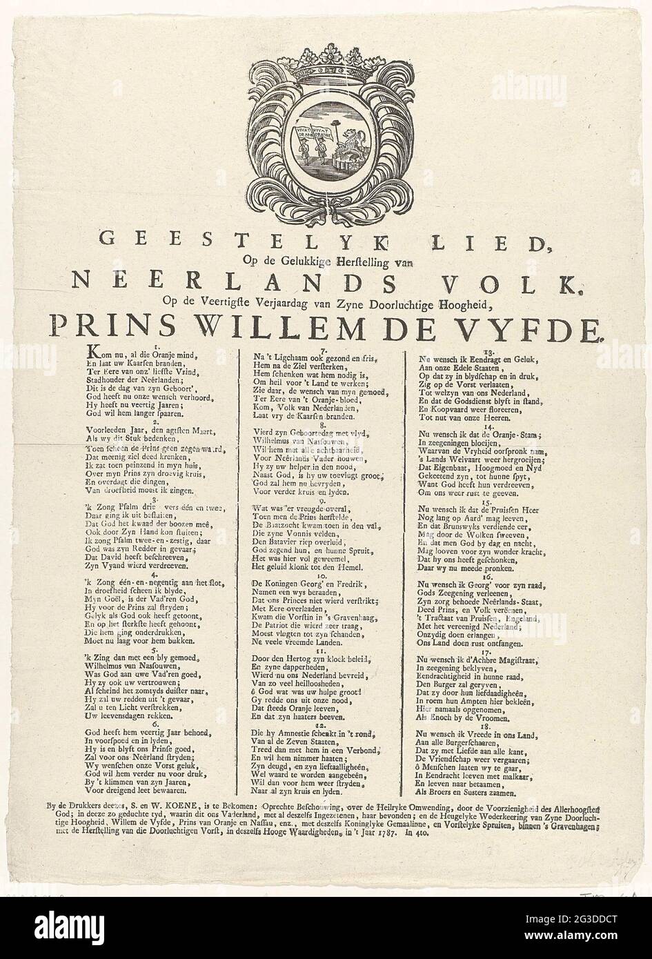 Chant Du 40e Anniversaire Du Prince Willem V 17 Chant Spirituel Sur La Reparation Heureuse Du Peuple Hollandais Sur Le 40e Anniversaire De Zyne A Ecrit Altesse Le Prince Willem De Vyfde
