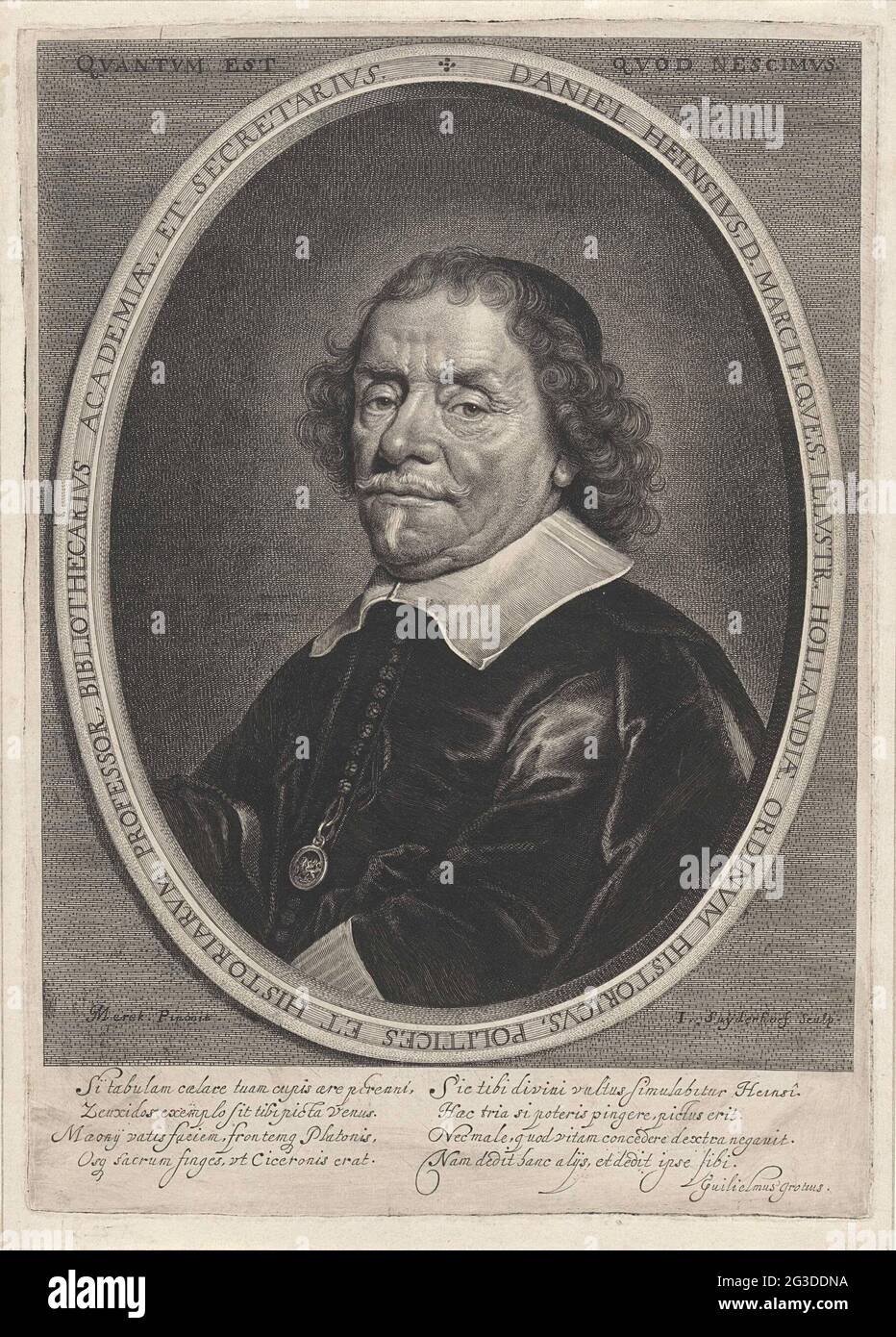 Portrait de Daniel Heinsius. Portrait de Daniel Heinsius, professeur de statistique et d'histoire, bibliothécaire universitaire et secrétaire à l'Université de Leiden. En bas de la marge, deux versets à quatre lignes en latin. Banque D'Images