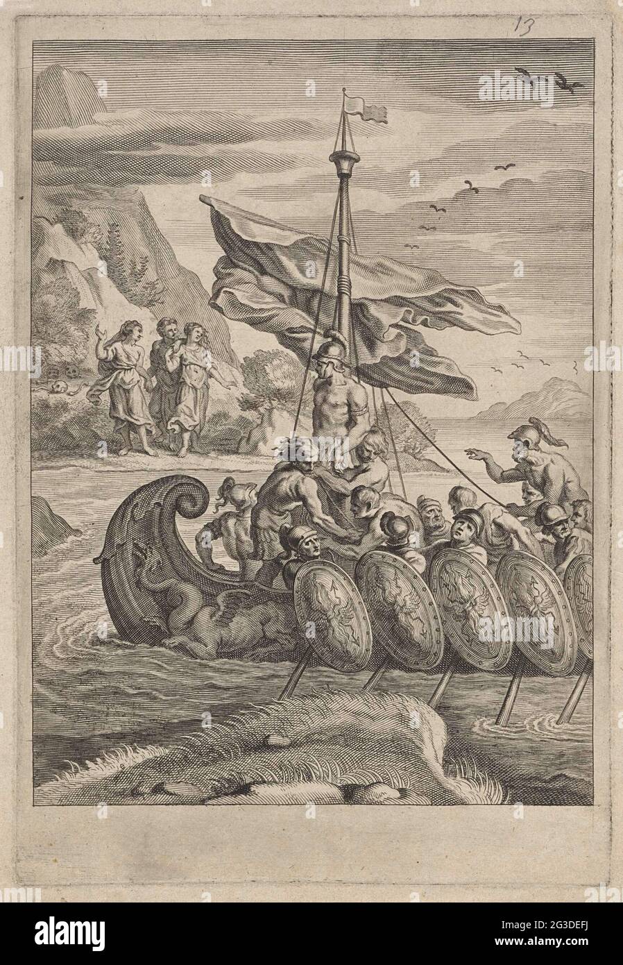 Odysseus et les sirènes; Argonautes. Par ses hommes, Odysseus est attaché au mât du navire pour résister au chant des sirènes. Les autres hommes de rangée. Il y a trois sirènes sur la côte. Derrière eux se trouvent les os des premières victimes. Banque D'Images