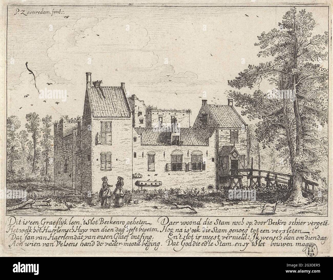 Serrure faciale bouleau rouge. Verrou de vue Berkenrode, près de Haarlem. Au premier plan, deux femmes effectuent une conversation et à droite, un homme où deux chiens sont sortis. Dans la marge une brève histoire du château. Banque D'Images