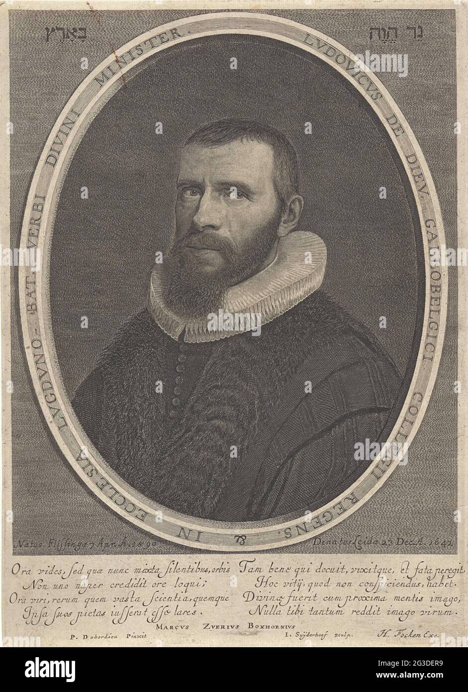 Portrait de Louis de Dieu. Portrait de Louis de Dieu, Pasteur wallon. En bas de la marge, deux versets à quatre lignes en latin. Banque D'Images