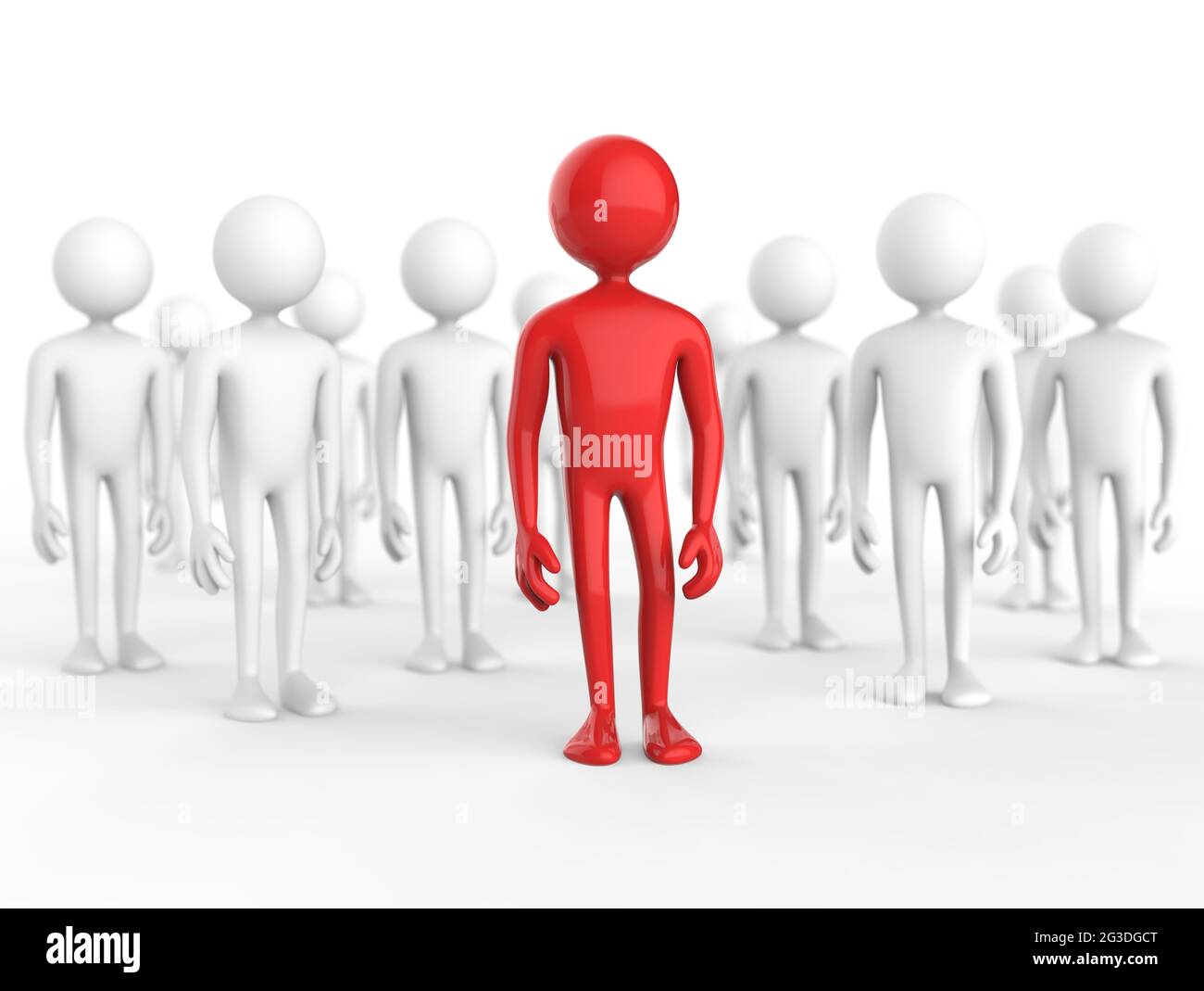 Un homme de dessin animé rouge se trouve devant des hommes de dessin animé gris - Illustration 3D - un homme unique se distingue Banque D'Images