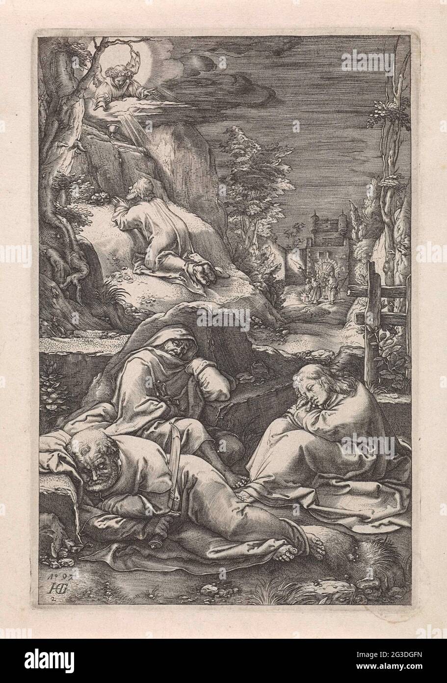 Christ dans la cour de Getemane; la passion. Le Christ prie dans la cour de Getemane. Un ange lui apparaît et lui montre un calice. Au premier plan trois disciples endormis. Le groupe de soldats arrive à droite à la porte de la ville. Banque D'Images