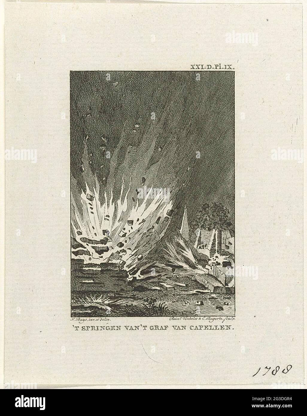 Gonfler le cimetière de la famille Van der Capellen, 1788; 't saut de la tombe de Capellen. Explosion de poudre de la tombe familiale de la famille Van der Capellen dans le Veld de Gorsselse à Zutphen, 7 août 1788. Signature en haut à droite : XXI.d.pl.ix. Banque D'Images