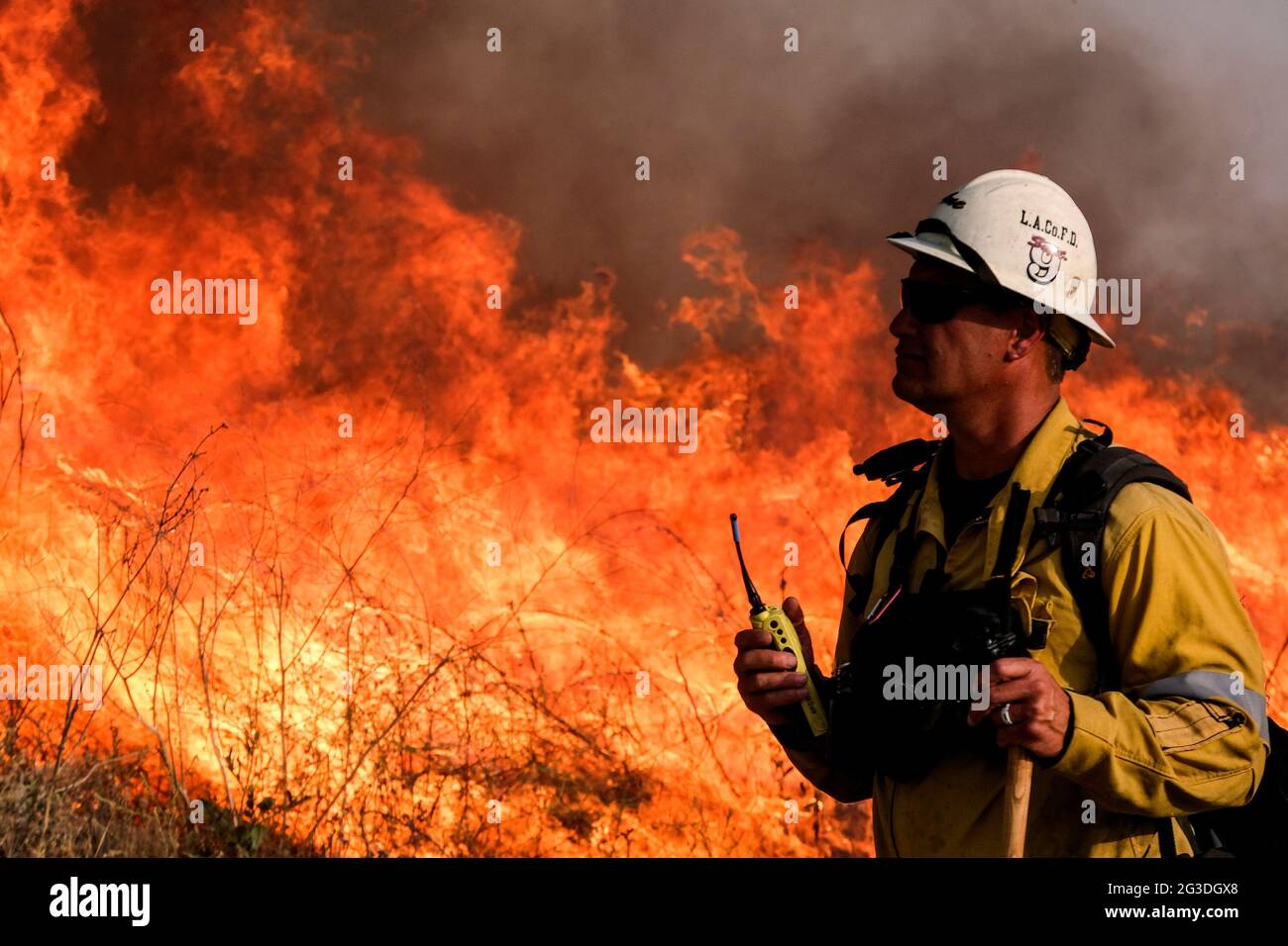 Los Angeles, Californie, États-Unis. 15 juin 2021. Un pompier regarde comme un feu de broussailles brûlant dans la zone de loisirs du barrage de Santa Fe, à Irwindle, en Californie, le mardi 15 juin, 2021. Credit: Ringo Chiu/ZUMA Wire/Alay Live News Banque D'Images