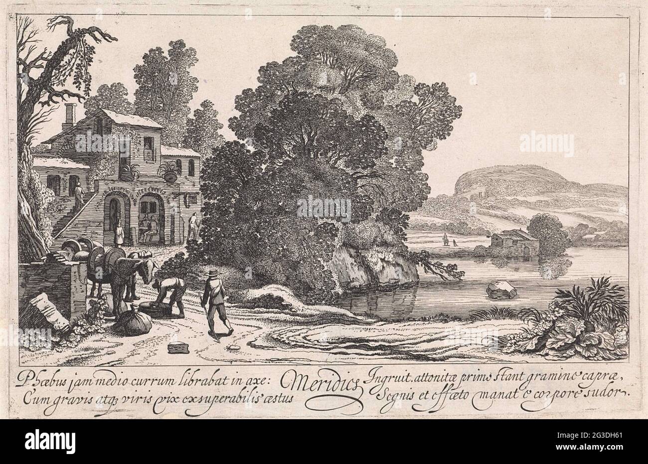 Paysage Italiananananisant: Après-midi; Meridies; les parties de la journée. Vue sur un paysage Italiananananisant avec un lac et des figures dans une maison, représentant l'après-midi. Deux figures à pakezels. Imprimez à partir d'une série de quatre. Banque D'Images