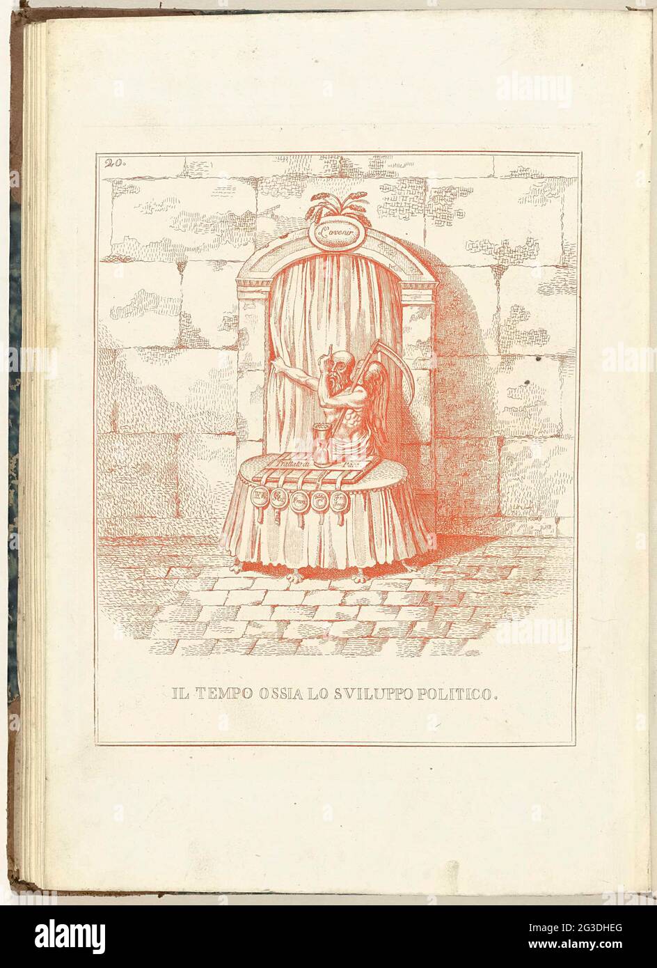 Père temps pour la porte vers l'avenir, 1795; il tempo ossia lo sviluppo polici; Hollandia Regenerata (copie italienne); la Rigenerazione dell'olanda: Spechio a tutti i popoli rigenerati. Caricature dans laquelle le père avertit le temps quand il est sur le point de tirer le rideau loin que l'avenir obtient. Pour lui sur une table un sablier sur un traité de paix avec les timbres de la Prusse, de la Grande-Bretagne, de la France, de la Russie et de l'Autriche. Banque D'Images