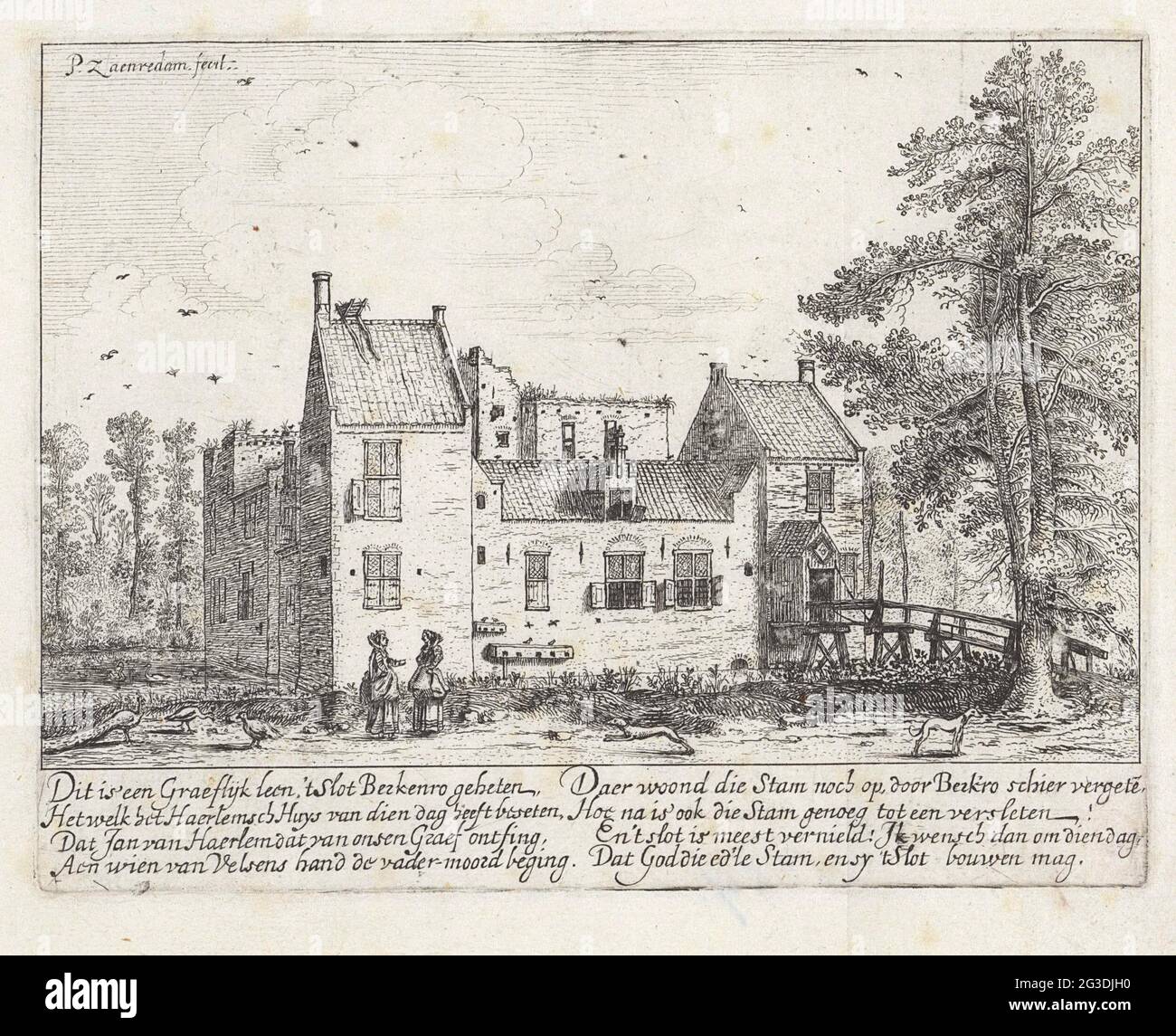 Serrure faciale bouleau rouge. Verrou de vue Berkenrode, près de Haarlem. Au premier plan, deux femmes effectuent une conversation et à droite, un homme où deux chiens sont sortis. Une brève histoire du château dans la marge. Banque D'Images