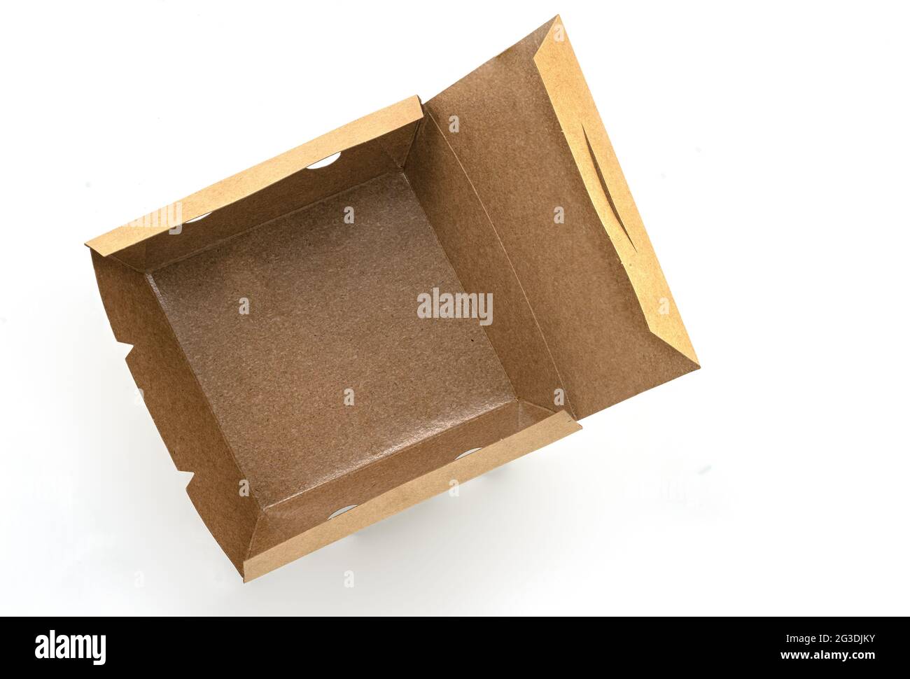 Ouvrez la boîte à emporter ECO sur fond blanc. Vider la boîte à nourriture en papier marron avec revêtement imperméable à l'intérieur. Image de la vue de dessus. Banque D'Images Ouvrez la boîte à emporter ECO sur fond blanc. Vider la boîte à nourriture en papier marron avec revêtement imperméable à l'intérieur. Image de la vue de dessus. Banque D'Images