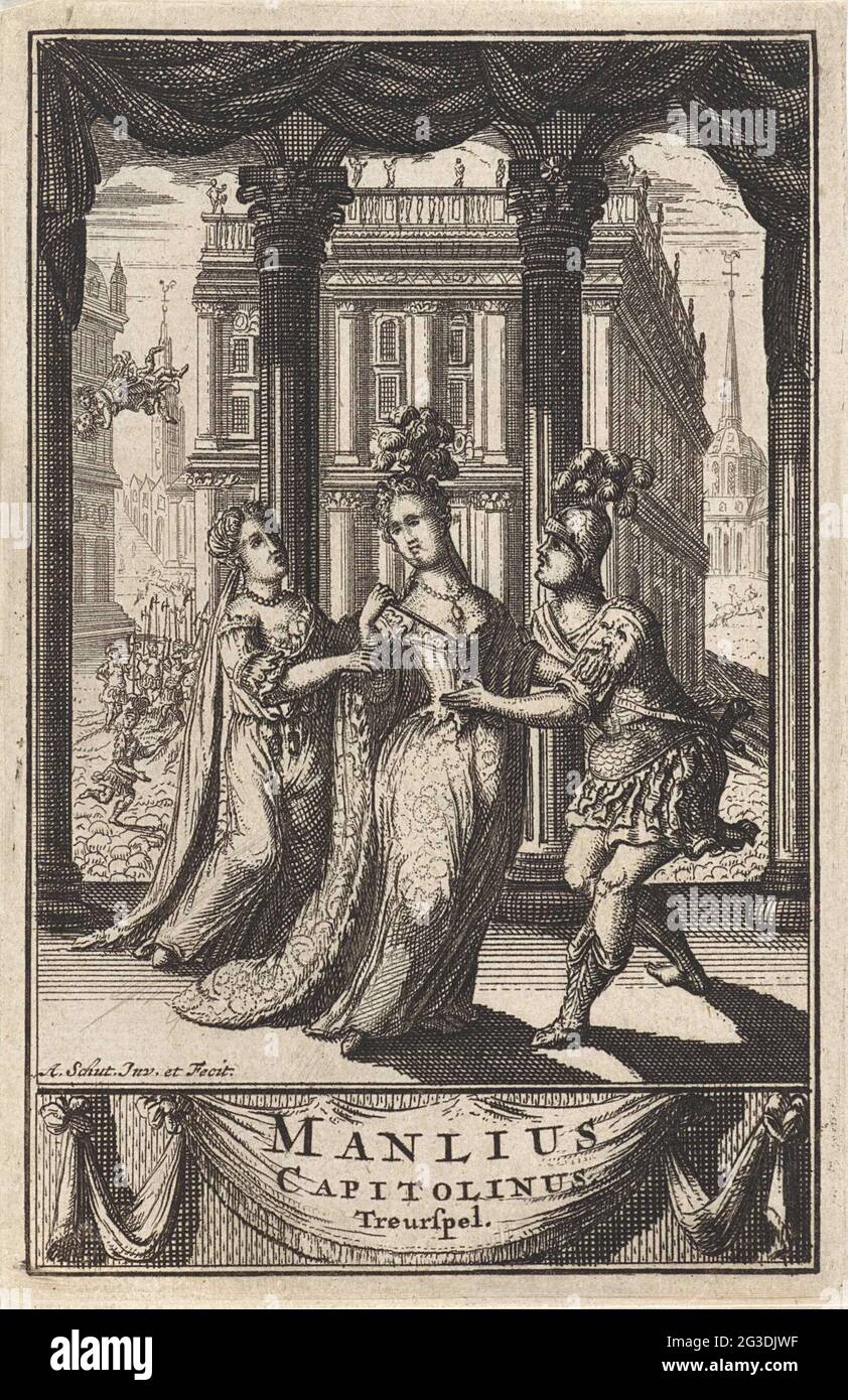 Compagnon dans une galerie; page de titre pour : A. de la Fosse, Manlius Capitolinus; Trespel, 1711. Une dame est dans une galerie. Un serviteur l'aide à attirer son manteau. Un soldat lui supplie de partir. En arrière-plan, vous pouvez voir comment deux figures du toit d'un bâtiment tombent. Sur une drapery au bas du titre du livre en néerlandais. Banque D'Images