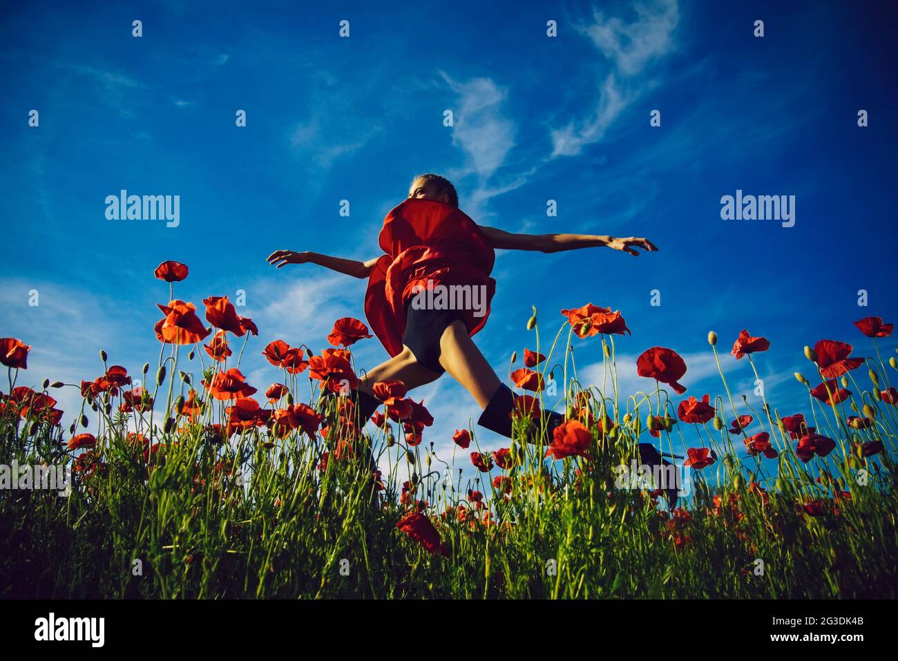 Jolie fille sautant dans champ de fleur de pavot Graines Photo Stock - Alamy