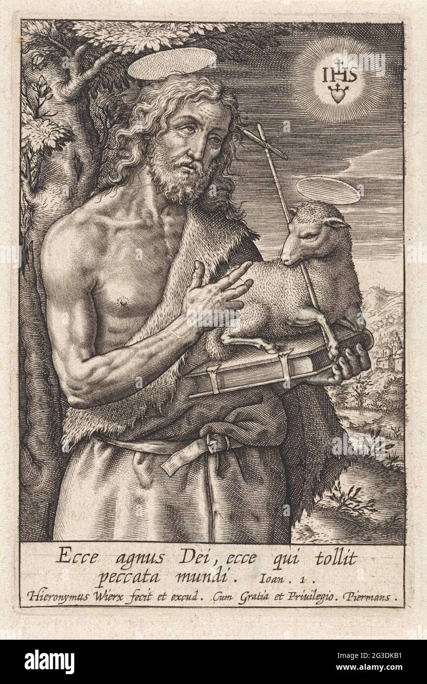 Jean-Baptiste. Paysage avec Jean-Baptiste, habillé d'une peau de chameau,  il tient dans sa main une Bible où se trouve l'agneau. Dans l'air le  symbole des Jésuites. Dans la marge une citation bible