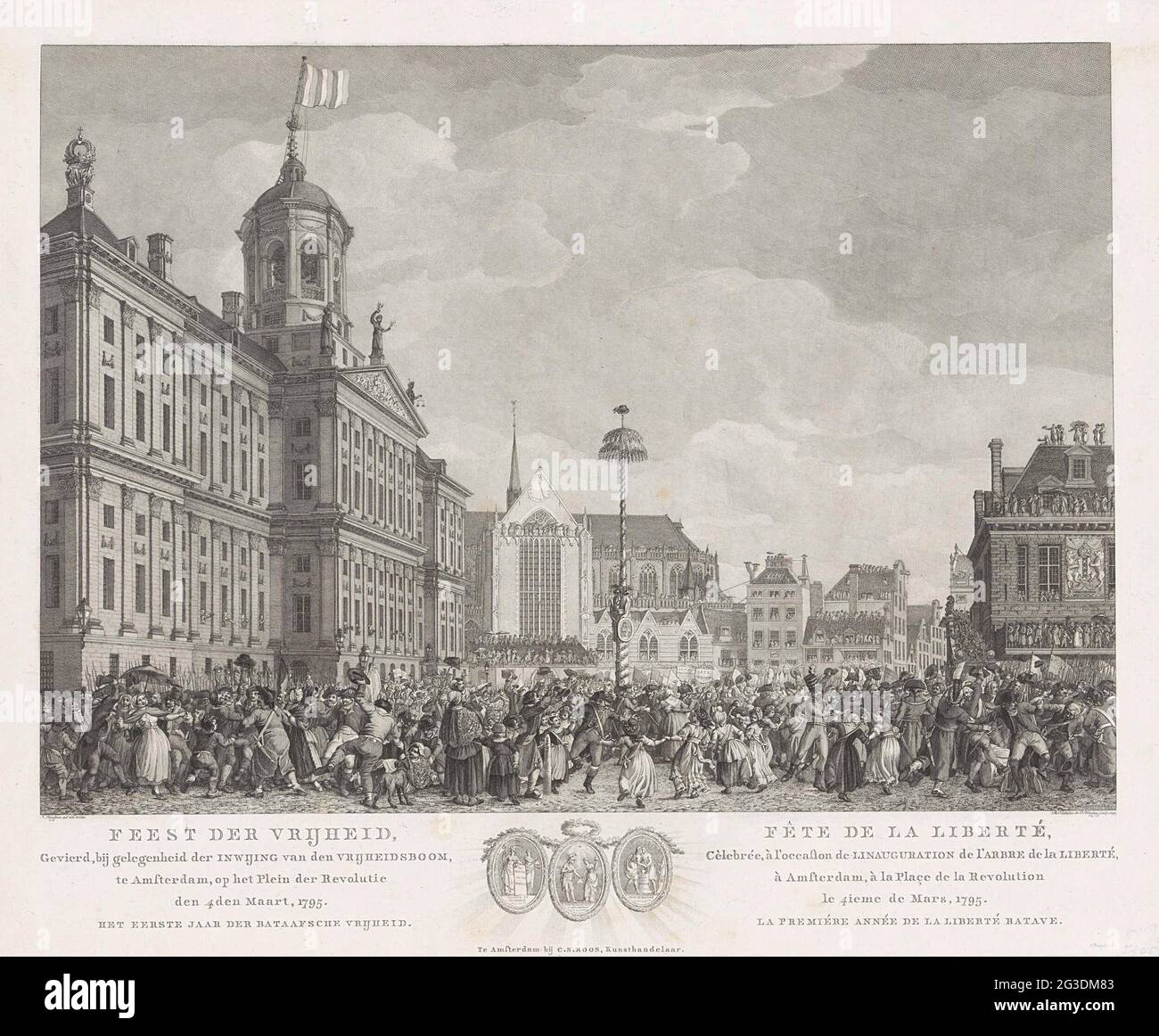 Fête de la liberté sur la place du Dam à Amsterdam, le 4 mars 1795 ; fête de la liberté, célébrée, A l'occasion de l'initiation de l'arbre de la liberté, à Amsterdam, sur la place de la Révolution le 4 mars 1795. La première année de la liberté Batavienne / Fête de la liberté, Cèlebrée (...). Fête de la liberté, célébrée avec l'initiation de l'arbre de la liberté sur le barrage d'Amsterdam, le 4 mars 1795. Vue sur le barrage avec une grande foule dansant à l'arbre de la liberté. Dans la légende, les titres en néerlandais et en français et les trois emblèmes allégoriques de la liberté, de l'égalité et de la fraternité qui pendaient sur l'arbre. Banque D'Images Fête de la liberté sur la place du Dam à Amsterdam, le 4 mars 1795 ; fête de la liberté, célébrée, A l'occasion de l'initiation de l'arbre de la liberté, à Amsterdam, sur la place de la Révolution le 4 mars 1795. La première année de la liberté Batavienne / Fête de la liberté, Cèlebrée (...). Fête de la liberté, célébrée avec l'initiation de l'arbre de la liberté sur le barrage d'Amsterdam, le 4 mars 1795. Vue sur le barrage avec une grande foule dansant à l'arbre de la liberté. Dans la légende, les titres en néerlandais et en français et les trois emblèmes allégoriques de la liberté, de l'égalité et de la fraternité qui pendaient sur l'arbre. Banque D'Images