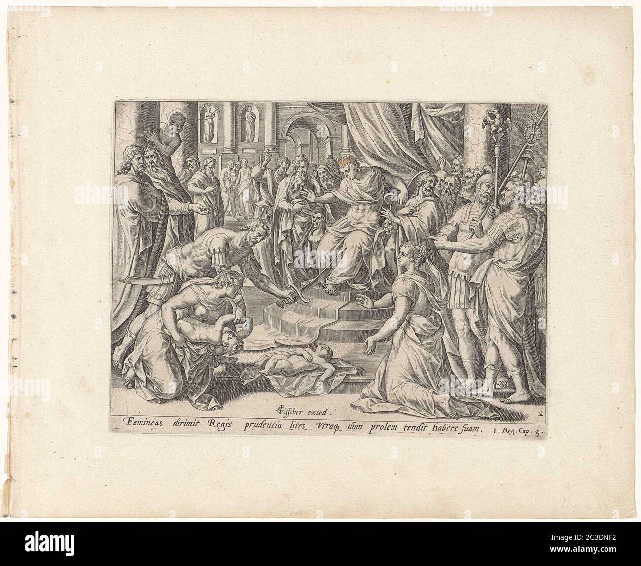 Jugement de Salomon; Histoire de Salomon; Theatrum Biblicum (...). Le roi  Salomon est assis sur son trône et velle son jugement. Pour le trône, les  deux femmes qui revendiquent toutes deux la