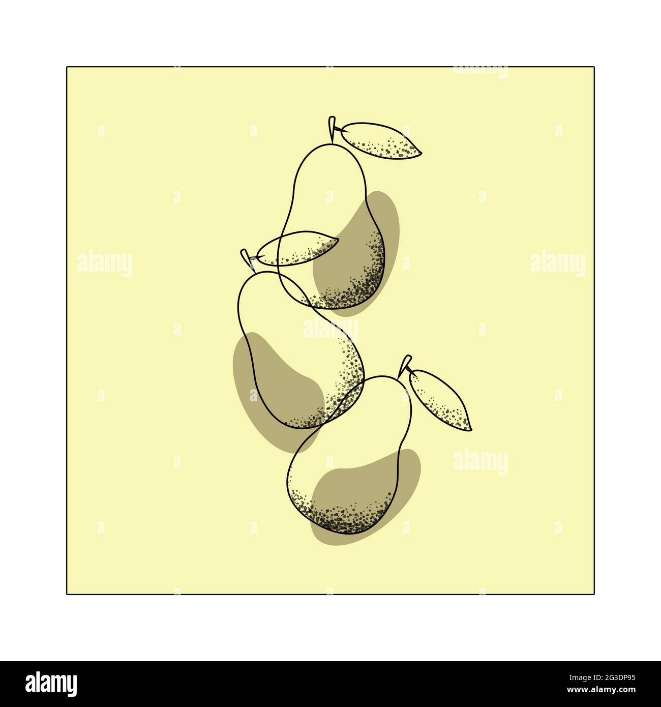 Image abstraite du fruit de la Terre. Trois poires aux lignes fines sur fond jaune pastel avec cadre blanc. Banque D'Images