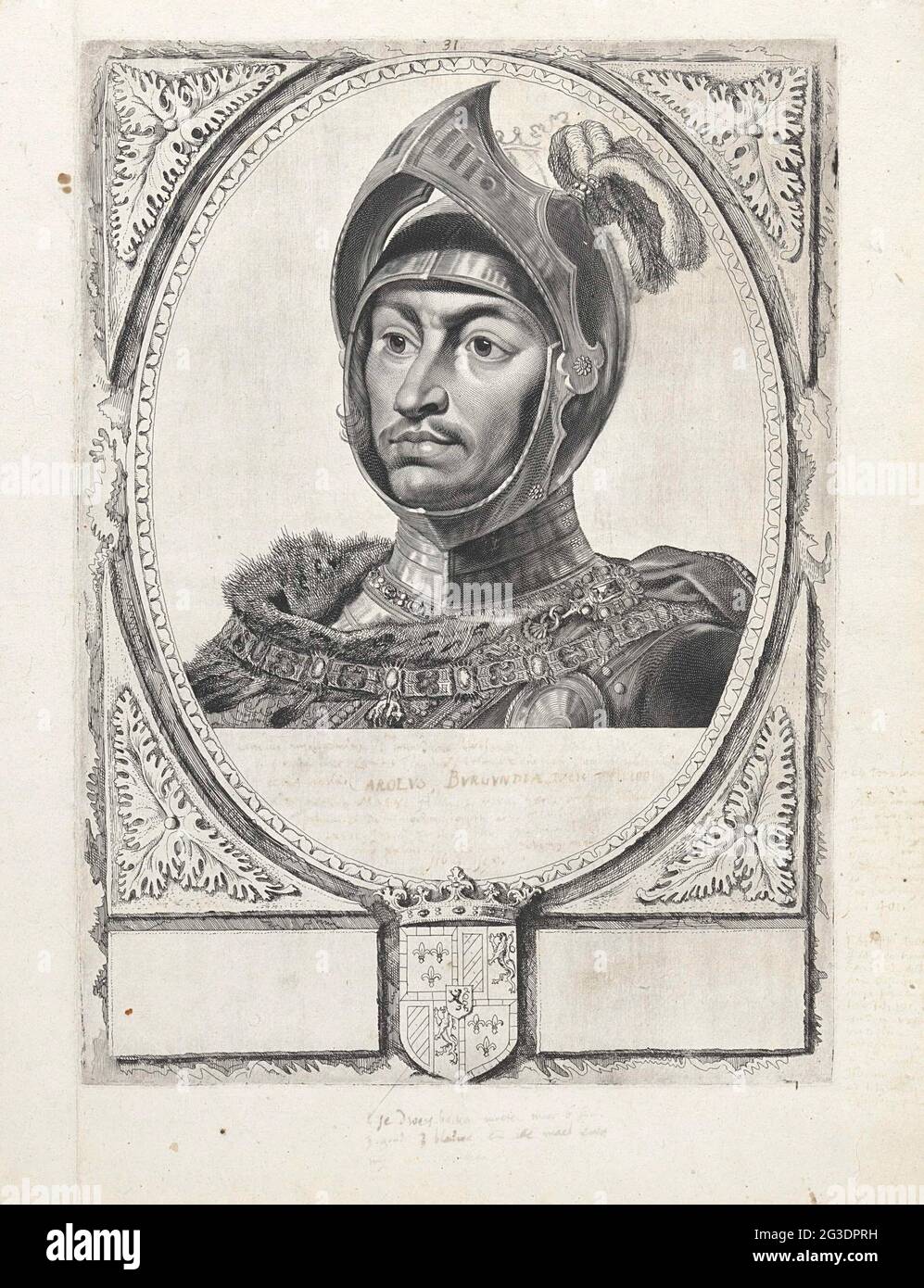 Portrait de Charlemagne. Charlemagne, duc de Bourgogne, dans un harnais  avec un casque à plumes. À son cou une chaîne avec le signe d'ordre de  l'ordre de la polaire dorée Photo Stock -