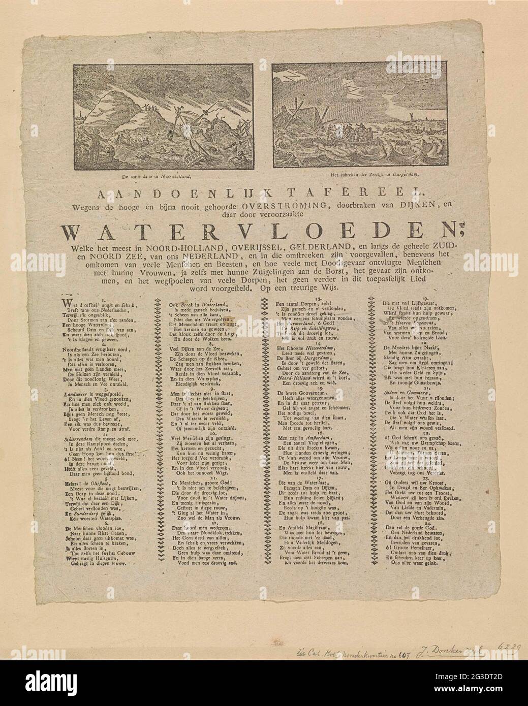 Chant sur l'inondation de 1825; scène désorganante, en raison de l'inondation élevée et presque jamais entendu, percées de digues, et là par les inondations causées par l'eau, qui la plupart dans Noord-Hollande, Overijssel, Gelderland (...). Chant en 24 couplets sur les inondations en février 1825 dans le nord des pays-Bas, chantant "à un sage triste". Au sommet deux représentations de l'inondation à Noord-Hollande et de la rupture de digue à Durgerdam. Banque D'Images