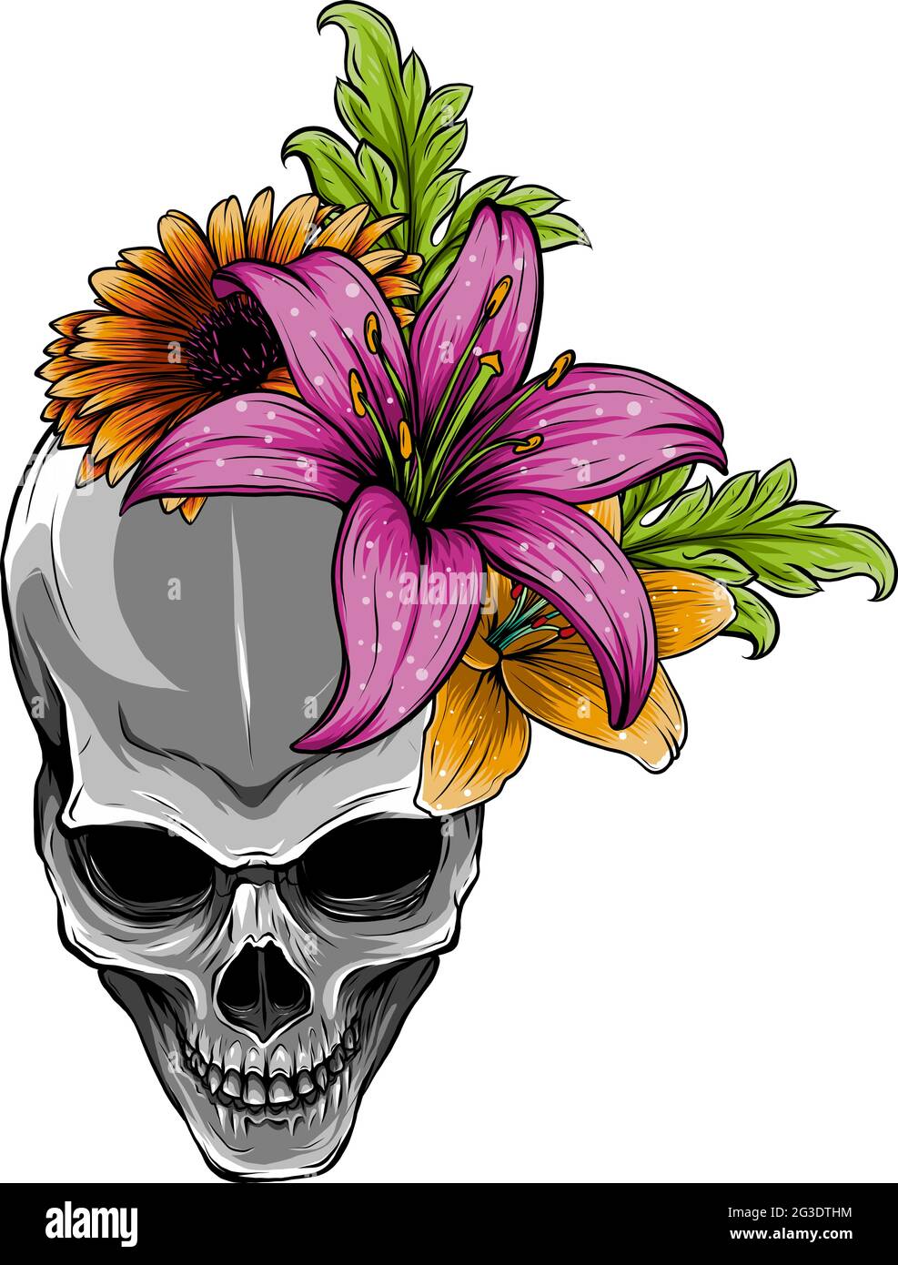 Motif illustration de la tête de mort humaine et des fleurs vectorielles Illustration de Vecteur