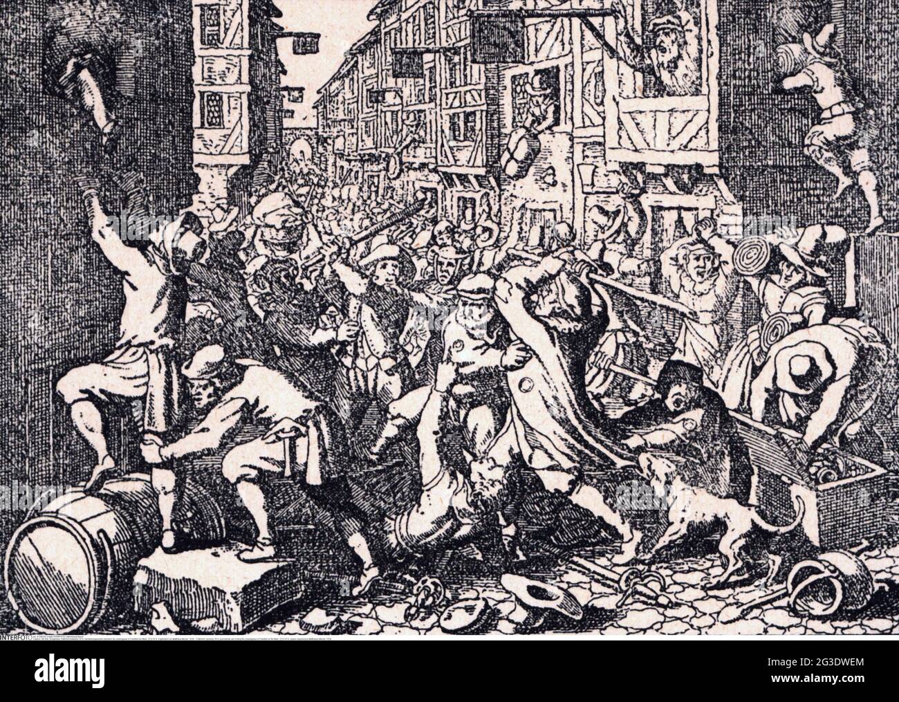 Soulèvement de Fettmilch 1614, compagnon pillant la Judengasse à Francfort-sur-le-main, 22.8.1614, LE DROIT D'AUTEUR DE L'ARTISTE N'A PAS À ÊTRE EFFACÉ Banque D'Images