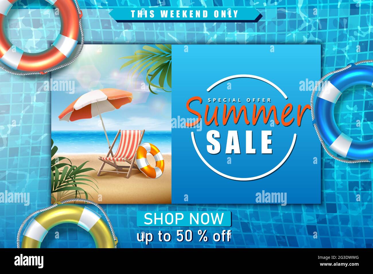 Modèle de bannière de vente d'été Vector. Avec fond de mer, chaise longue avec parasol et piscine avec anneaux gonflables. Illustration de Vecteur